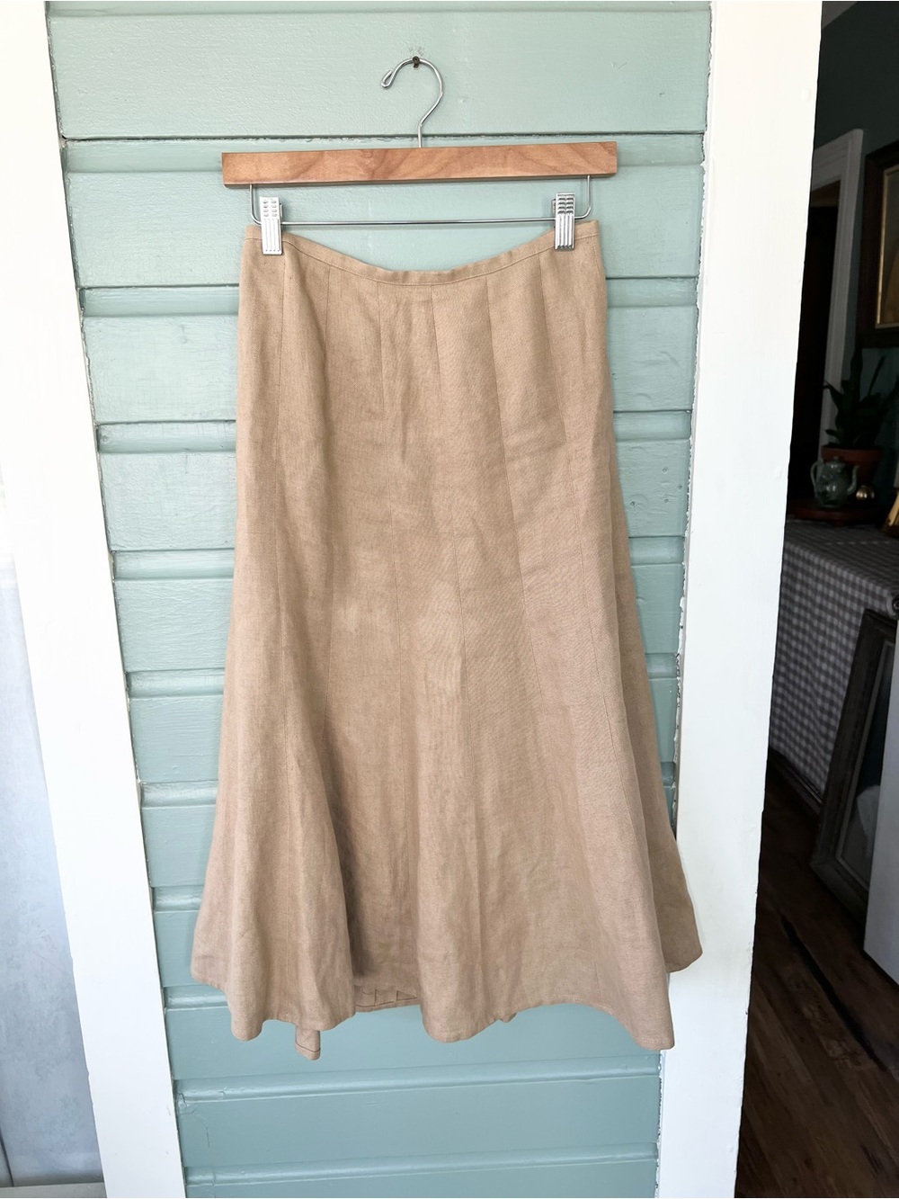 Vintage Talbots 100% linen tea length skirt tan brown midi swing natural fiber